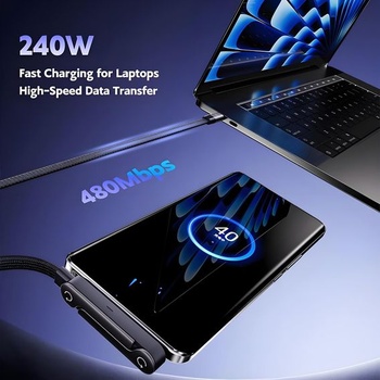 Nabíjací kábel 2 v 1 so stojanom, bočný nabíjací kábel 240 W s USB-C, nastaviteľný o 360 °, čierny