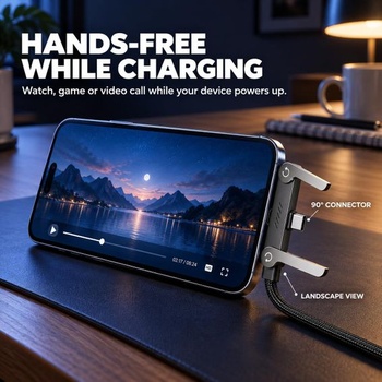 Nabíjací kábel 2 v 1 so stojanom, bočný nabíjací kábel 240 W s USB-C, nastaviteľný o 360 °, čierny