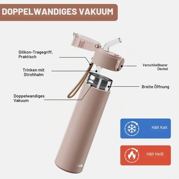 Malá nerezová fľaša na vodu Exllena 270ml so slamkou, ovládanie jednou rukou, 100% nepriepustná,