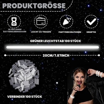 Detská párty sada svietiacich tyčiniek YAAVAAW, 100 bielych svetelných tyčiniek + 100 konektorov, čierne