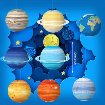 8 papierových lampášov s planétami, lucerny s vesmírnou tematikou, závesné lucerny s planétami,