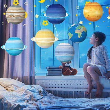 8 papierových lampášov s planétami, lucerny s vesmírnou tematikou, závesné lucerny s planétami,