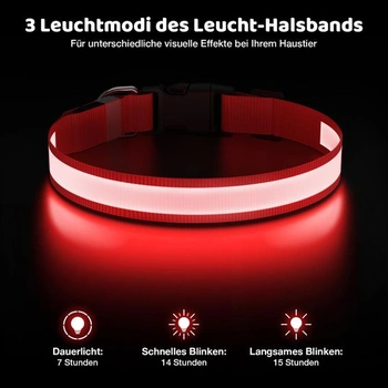 Svítící obojek pro psy, LED obojek pro psy, dobíjecí přes USB-C, voděodolný, červený, velikost S