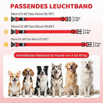 Svítící obojek pro psy, LED obojek pro psy, dobíjecí přes USB-C, voděodolný, červený, velikost S