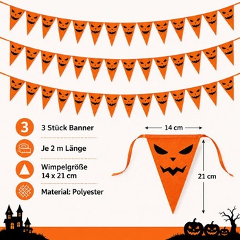 Halloweenska girlanda, 3 x 2 m reťaz s tekvicovou vlajkou z polyesteru, 6M oranžová