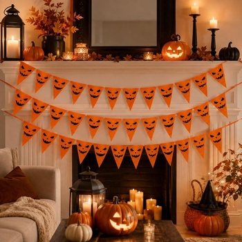 Halloweenska girlanda, 3 x 2 m reťaz s tekvicovou vlajkou z polyesteru, 6M oranžová