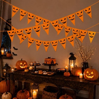 Halloweenska girlanda, 3 x 2 m reťaz s tekvicovou vlajkou z polyesteru, 6M oranžová
