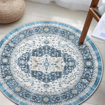 Carvapet umývateľný okrúhly 90cm protišmykový tenký koberec, kruhový modrý, retro medailónik,