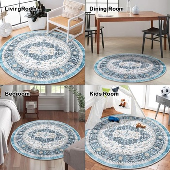 Carvapet umývateľný okrúhly 90cm protišmykový tenký koberec, kruhový modrý, retro medailónik,