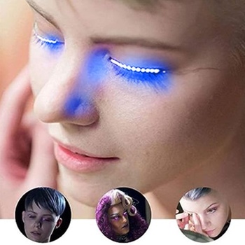 LED riasy s opaskom na viečka, modré, svietiace umelé riasy na večierky, do nočných klubov, na oslavy,