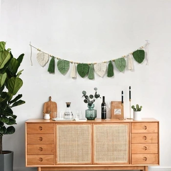 OUZHOU Macramé nástenná tapiséria, boho dekorácia tkaná listová nástenná tapiséria boho nástenná