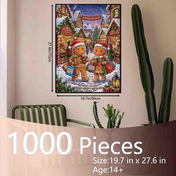 Puzzle Zimný trh, 1000 dielikov pre dospelých, Nákupy perníkov vo vianočnej dedinke, Zasnežené cesty a