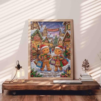Puzzle Zimný trh, 1000 dielikov pre dospelých, Nákupy perníkov vo vianočnej dedinke, Zasnežené cesty a