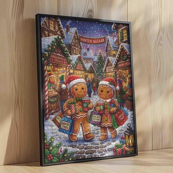 Puzzle Zimný trh, 1000 dielikov pre dospelých, Nákupy perníkov vo vianočnej dedinke, Zasnežené cesty a