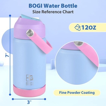 Detská kovová fľaša na vodu BOGI so slamkou, 350 ml, nerezová fľaša na vodu do školy, nepriepustná,