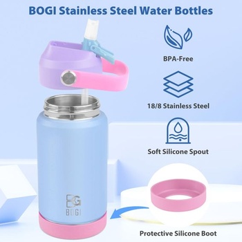 Dětská kovová láhev na vodu BOGI s brčkem, 350 ml, nerezová láhev na vodu do školy, nepropustná,