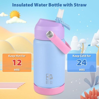 Dětská kovová láhev na vodu BOGI s brčkem, 350 ml, nerezová láhev na vodu do školy, nepropustná,