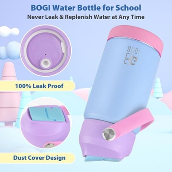 Detská kovová fľaša na vodu BOGI so slamkou, 350 ml, nerezová fľaša na vodu do školy, nepriepustná,