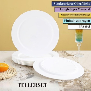 Sada 8 bílých plastových talířů Berglander, 25 cm, opakovaně použitelné ploché jídelní talíře,