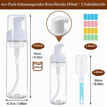 Balenie 6 cestovných penových dávkovačov s objemom 200 ml s hubovým štetcom a etiketami 6*200 ml