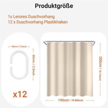 Sprchový záves Lerores 190x200 cm béžový, spevnený lem, protiplesňová textília, vodoodpudivý,