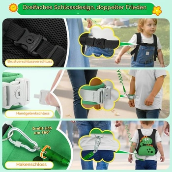 Detský postroj Dr.meter 3 v 1 s dinosaurím zámkom, čierny, proti strateniu, čierna - 1,2 m