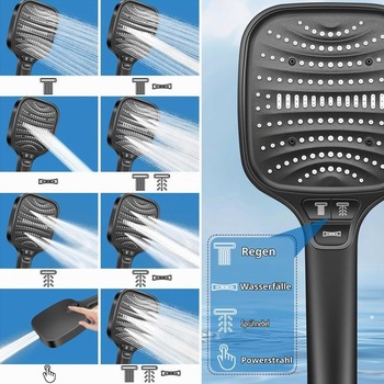 Velká vysokotlaká sprchová hlavice HNOOM – XXL sprchová hlavice Rain s 8 režimy proudu, ruční