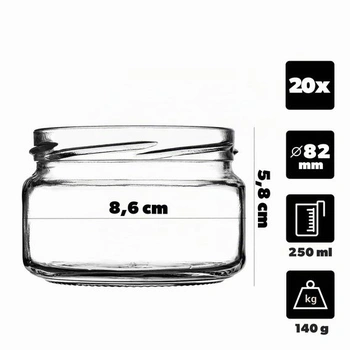 KADAX 20dílná sada 250ml TO82 Zlaté sklenice na džem, zavařovací sklenice, skladovací sklenice,