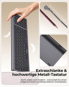 SEENDA COE401 Klávesnice a myš s drátem, Bluetooth, QWERTZ, Kovová, Šedá