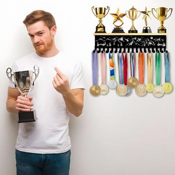 Nástenný držiak na medaily a trofeje SUPERDANT z dreva a kovu, čierny, s 20 háčikmi pre súťažné