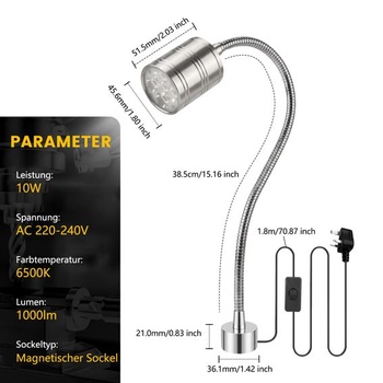 Magnetické pracovné svetlo, 10W 6500K LED strojné svetlo s flexibilným kĺbovým ramenom a silnú