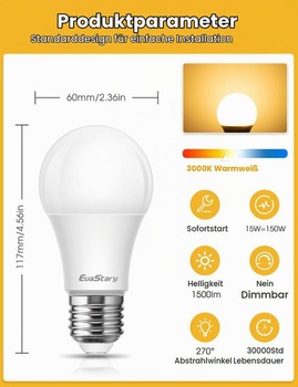 LED žiarovka EvaStary 15W E27, nahrádza 150W, 3000K teplá biela, 1500LM super jasná žiarovka, E27 A60