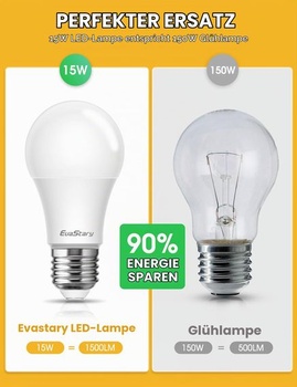 LED žiarovka EvaStary 15W E27, nahrádza 150W, 3000K teplá biela, 1500LM super jasná žiarovka, E27 A60