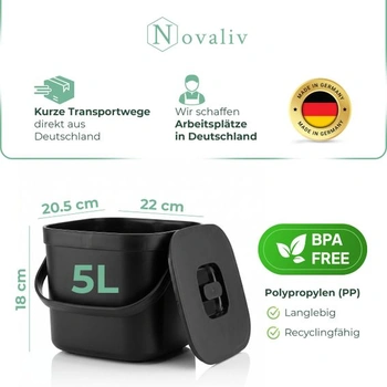 Novaliv 5l čierny stolný kôš na bioodpad so sitkom, kuchynský kompostér s výklopným vekom a