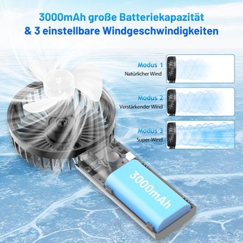 Ručný ventilátor, Prenosný USB dobíjací ručný ventilátor, Mini ventilátor 3000 mAh, 3 rýchlosti, 3