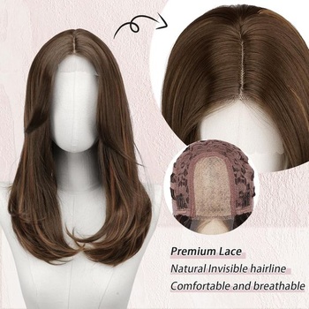 FESHFEN Parochne s čipkovou prednou časťou a ofinou, 45 cm dlhé, Dámske parochne, Hnedá zmiešaná hnedá,