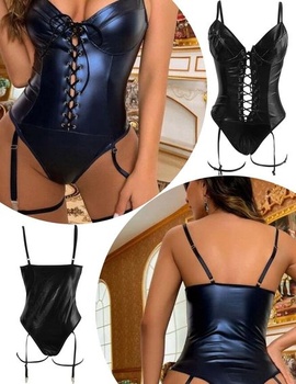 ROSVAJFY Dámsky sexy kožený overal bez rukávov, lesklý catsuit, spodná bielizeň, nastaviteľný