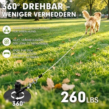 Zemná kotva s poistnou krytkou zabraňujúcou vytiahnutiu, 360° zemný kolík pre psov vonku, na záhradu,
