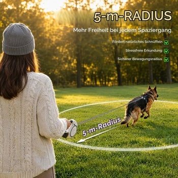 5m naťahovacie vodítko pre psov s LED svetlom a držiakom na sáčok na exkrementy, 360 ° odolné proti