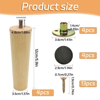 Dřevěné nábytkové nohy, 12 cm (sada 4 ks), zúžené dřevěné stolové nohy, masivní dřevěné nábytkové