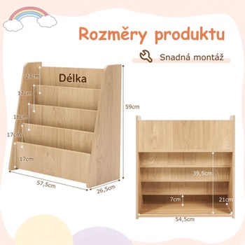 Detský drevený regál so 4 priehradkami, 57,5 ​​x 26,5 x 59 cm, prírodný