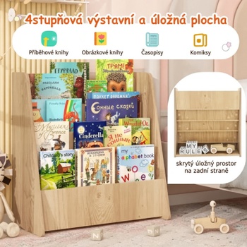Detský drevený regál so 4 priehradkami, 57,5 ​​x 26,5 x 59 cm, prírodný