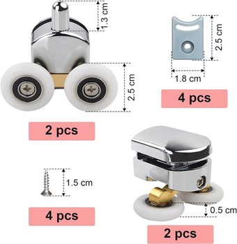Náhradní posuvné válečky pro sprchové dveře, 25 mm, 4 kusy pro sklo 4-6 mm, zakřivené válečky pro