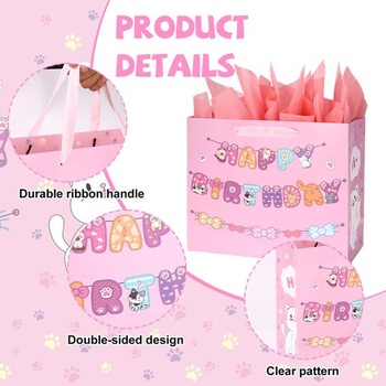Sada darčekových tašiek s mačacím motívom k narodeninám, ružová kawaii darčeková taška s blahoželaním,