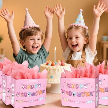 Sada darčekových tašiek s mačacím motívom k narodeninám, ružová kawaii darčeková taška s blahoželaním,
