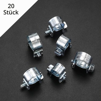 20 nastavitelných mini hadicových svorek pro palivové potrubí 10-12 mm, stříbrné barvy