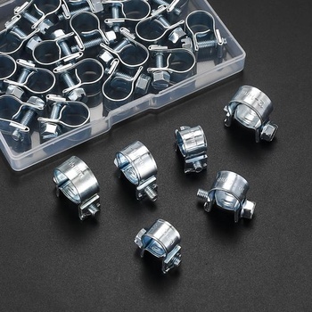 20 nastaviteľných mini hadicových svoriek pre palivové potrubie 10-12 mm, strieborné farby