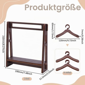 UNICRAFTALE Drevený vešiak na oblečenie pre bábiky s 10 ramienkami, mini vešiak na oblečenie, kokosovo