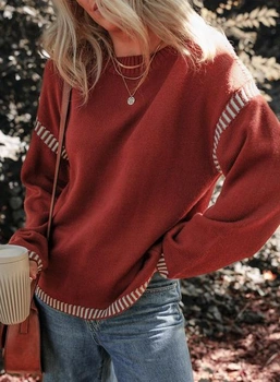 Dámsky módny sveter s okrúhlym výstrihom, voľný strih, dlhý rukáv, kontrastný vzor, ​​pletený sveter