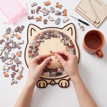 Drevené puzzle s mačkou pre dospelých, 135 dielikov, unikátne kolíčkové puzzle v tvare zvieraťa s